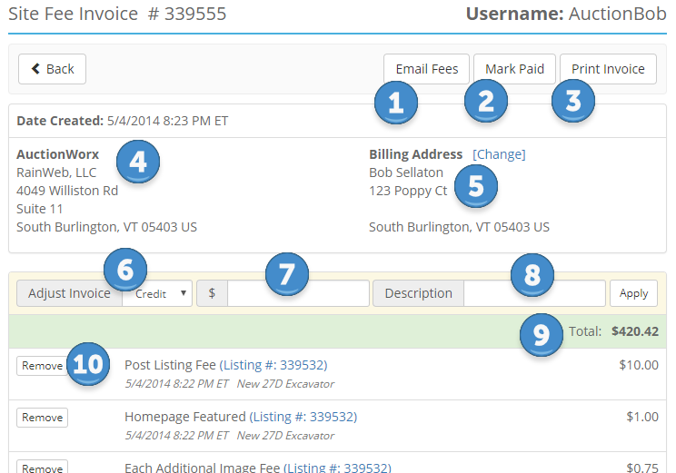 Admin Control Panel > Billing and Fees > Fee Invoices (Site Fee Invoice)