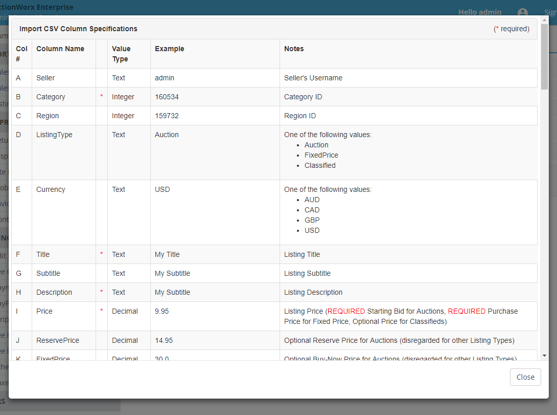 ACP Listings Import CSV