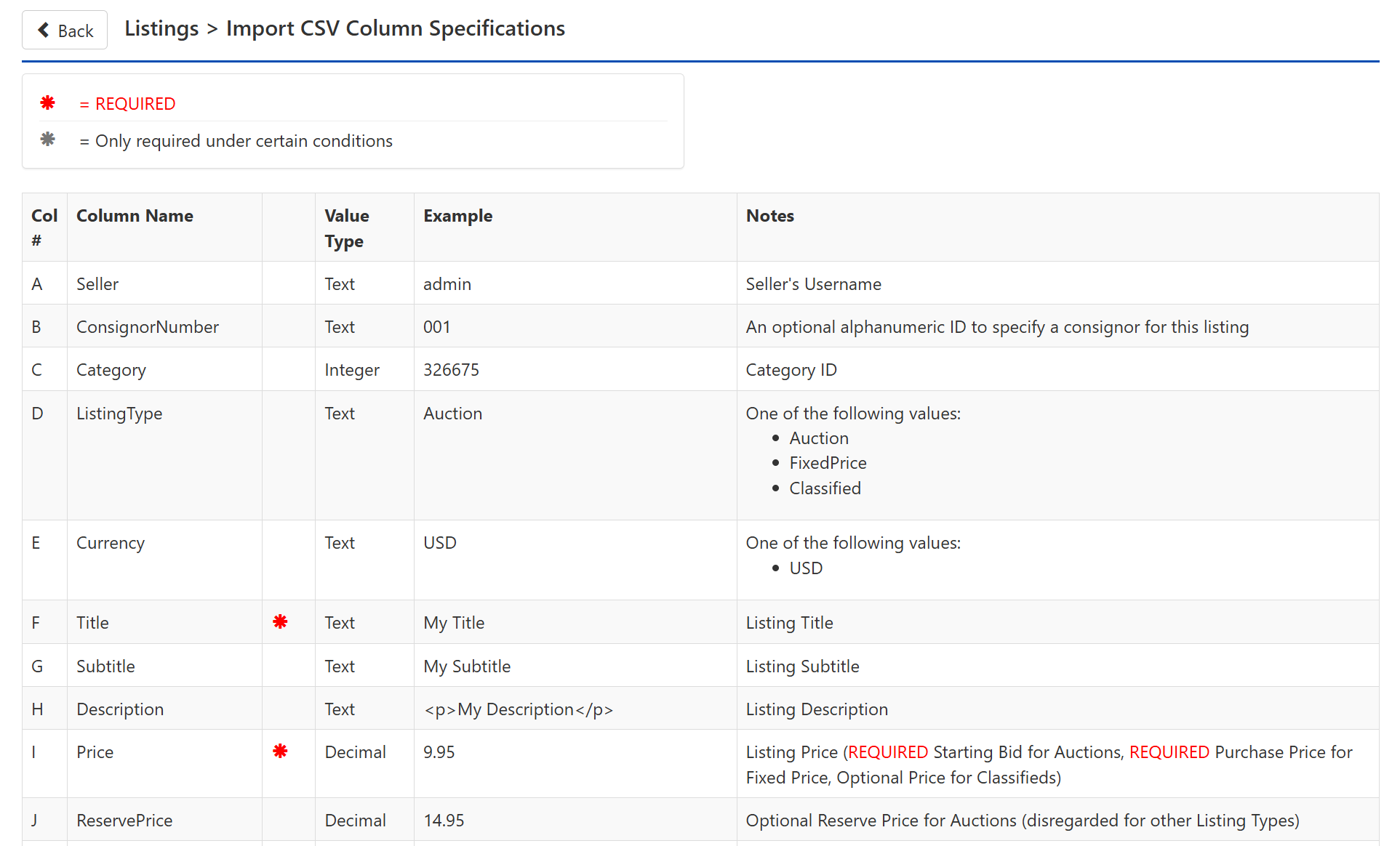 ACP Listings Import CSV