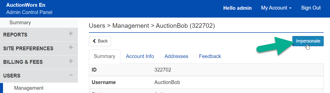 ACP User Management Impersonate