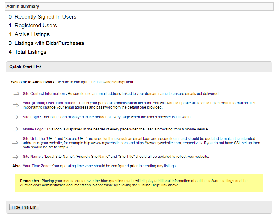 Screenshot of Admin Control Panel Summary page