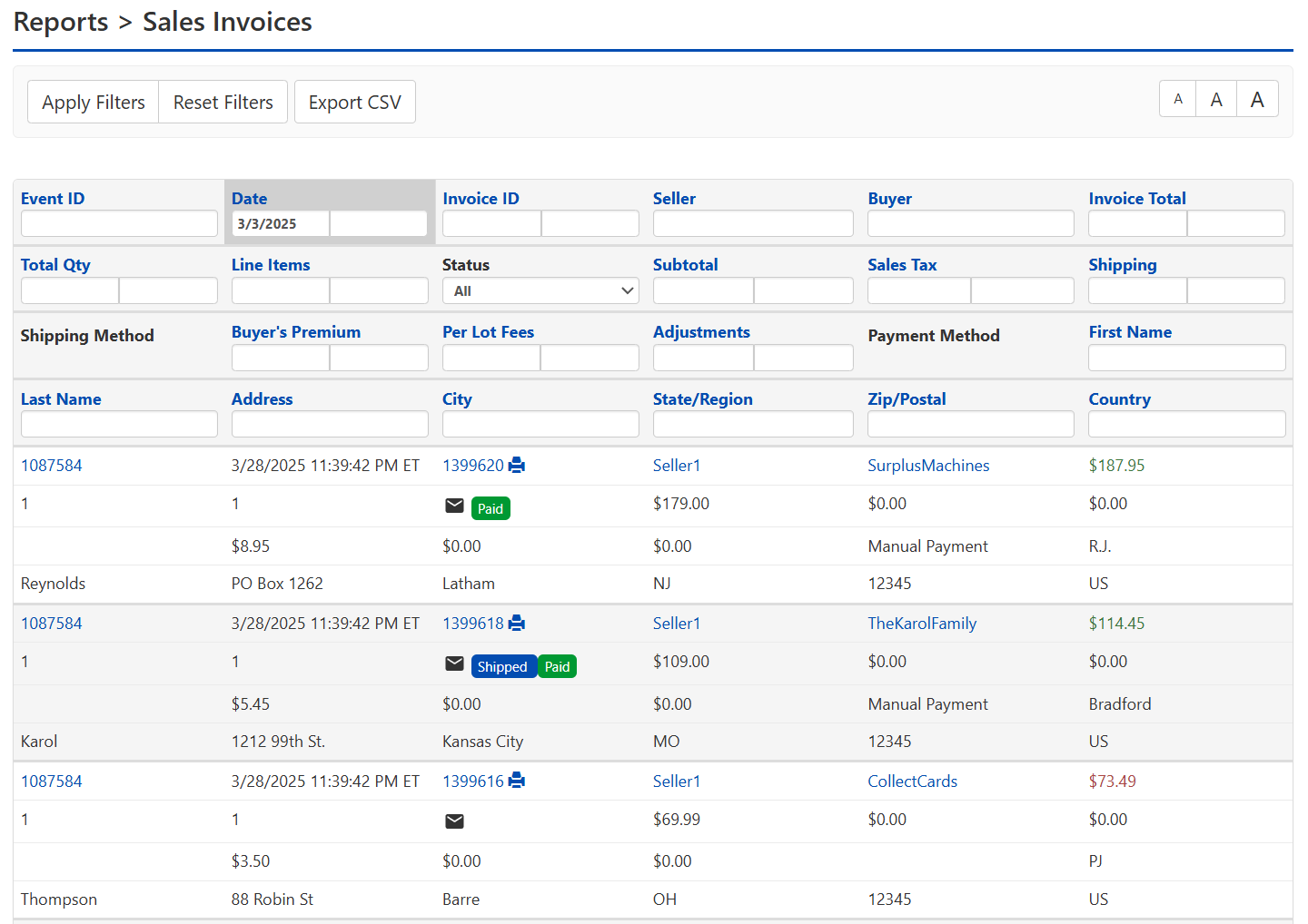 Admin Control Panel > Reports > Sales Invoices
