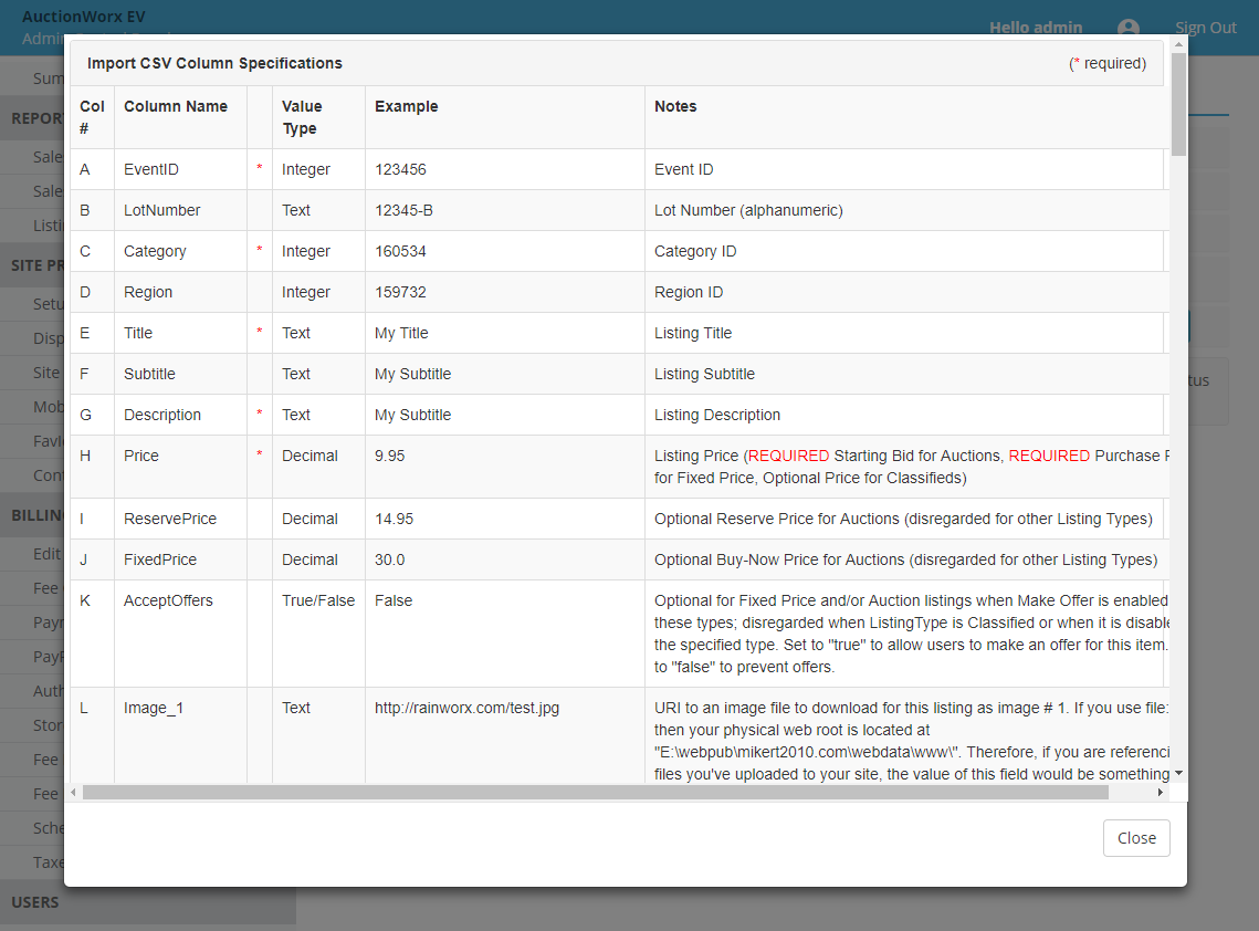 ACP Auctions Import CSV