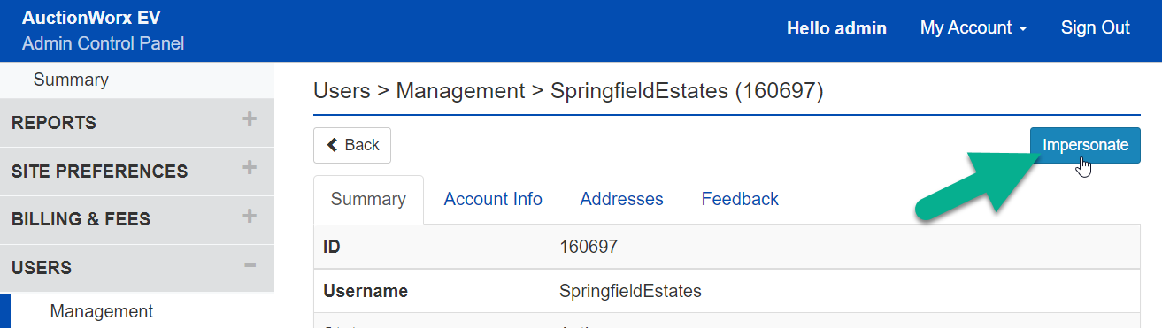 ACP User Management Impersonate