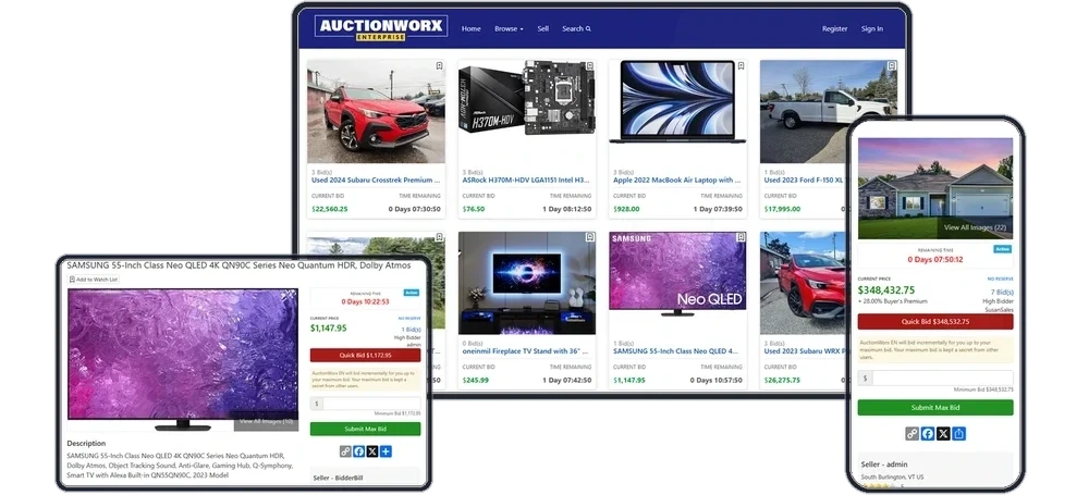 AuctionWorx Online Auction Software on Desktop, Laptop, and Tablet