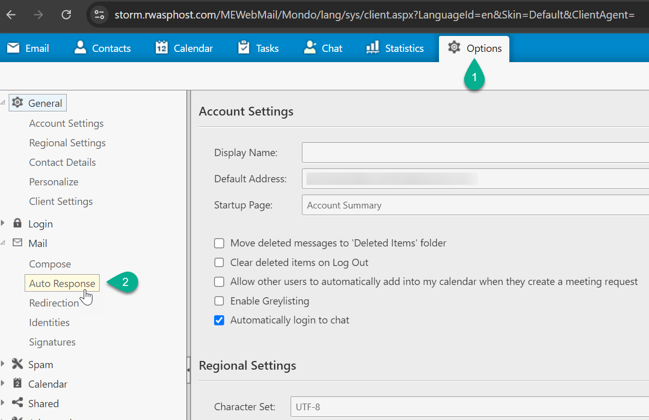 Options tab, Mail Auto Response