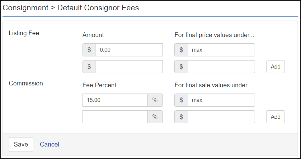 Default Consignor Fees set to 15% Commission