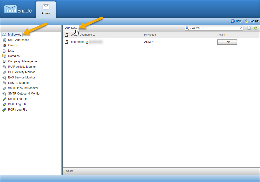 Mailboxes tab and Add New button