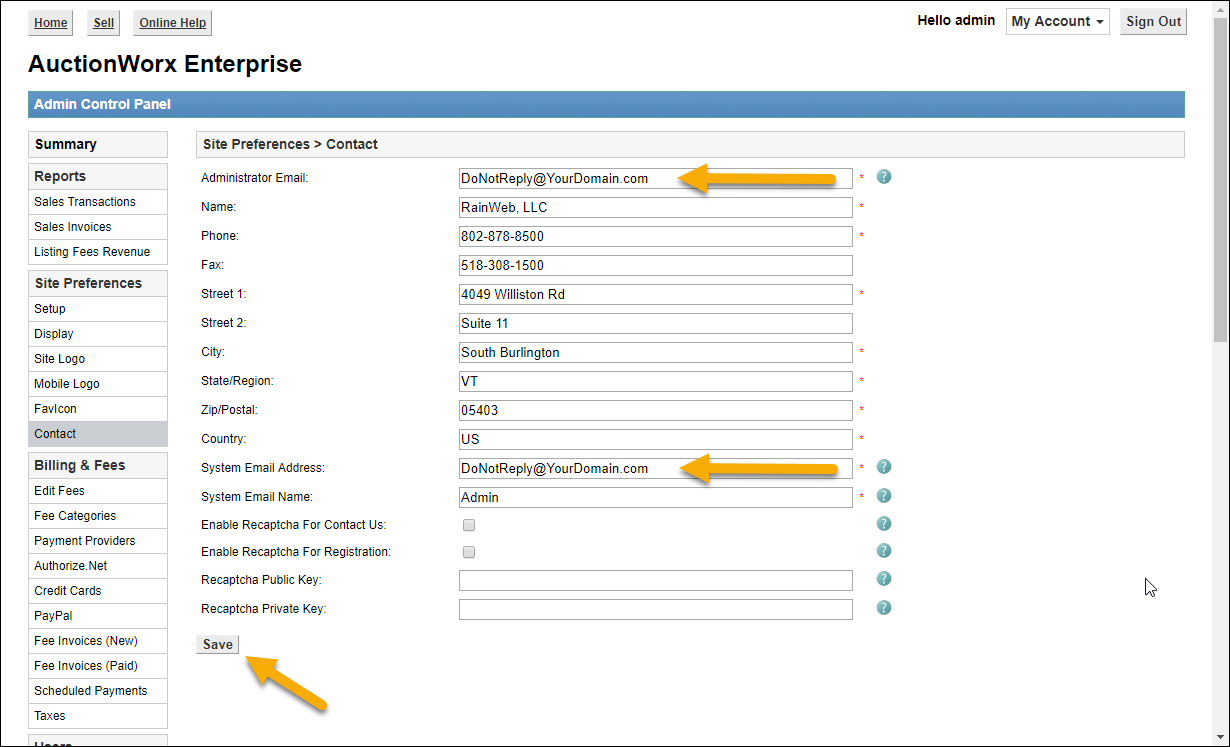 Site Preferences Contact email fields