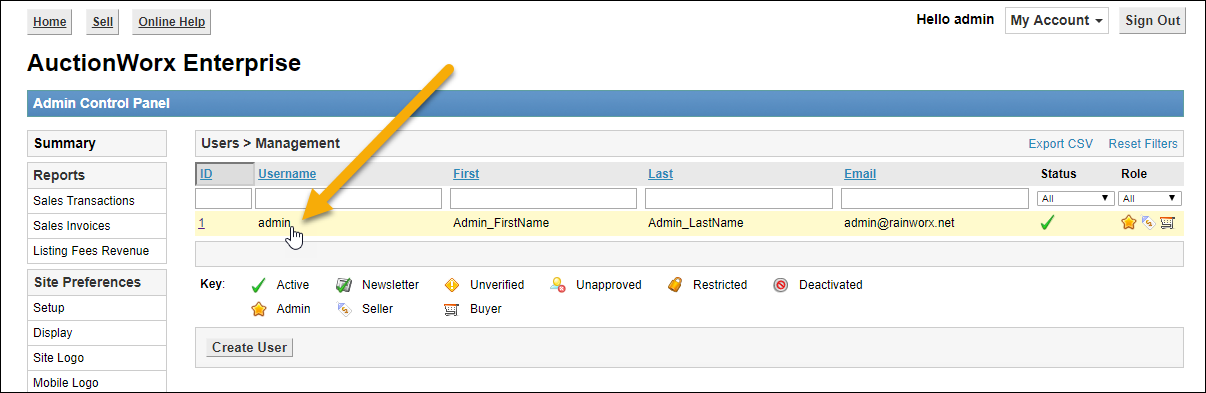 Users Management admin row