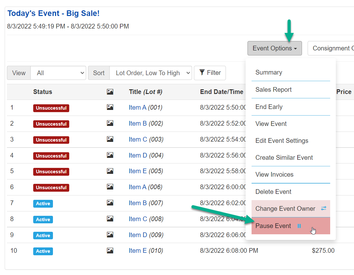 Pause Event option in the Event Options dropdown