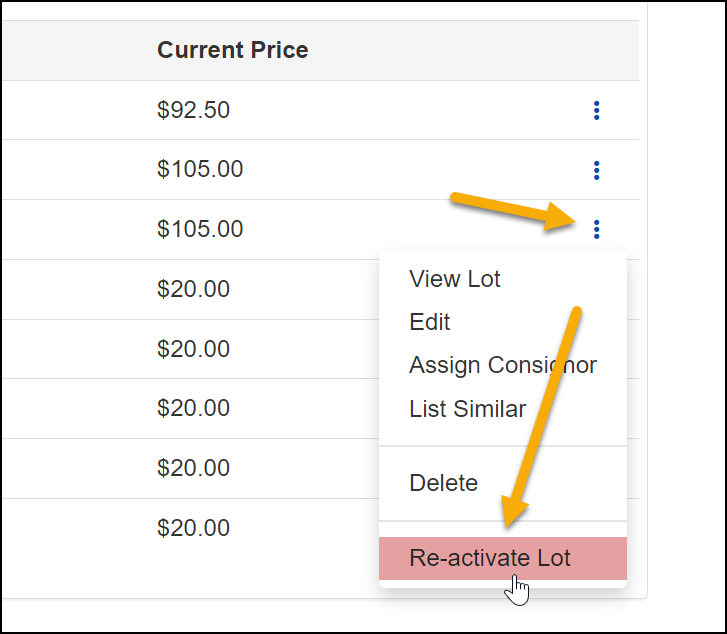 Re-activate Lot from the 3 dot menu