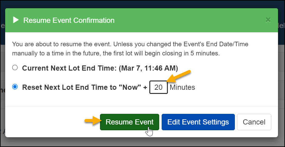 Set the resume time to 20 minutes