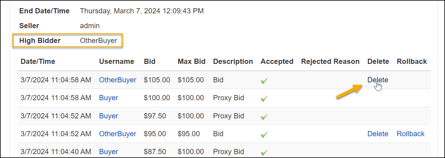 Delete the winning bid