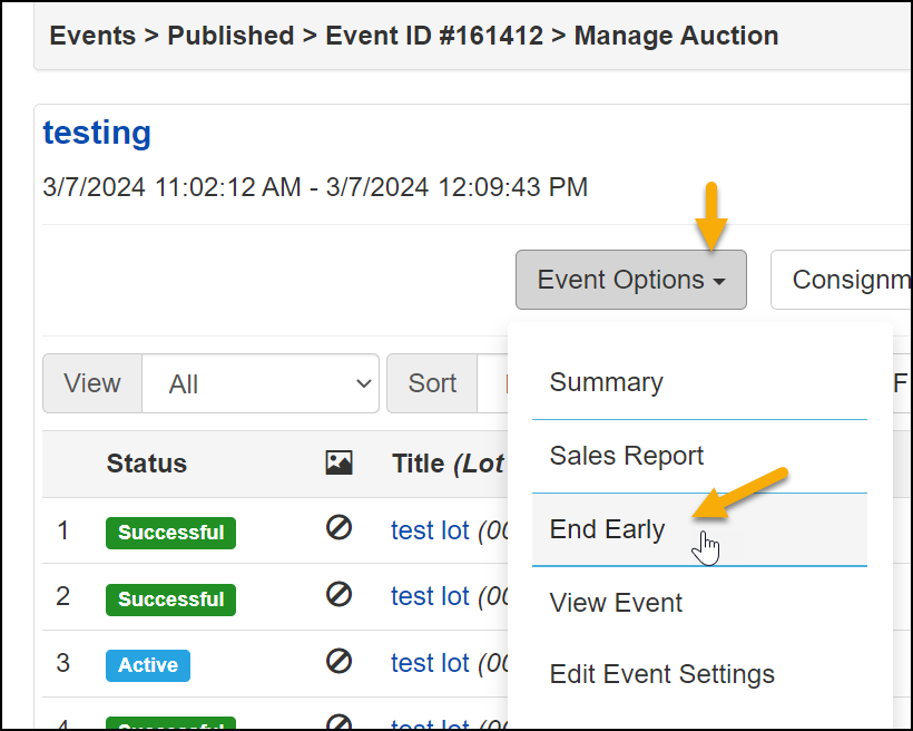 End Early option in the Event Options dropdown