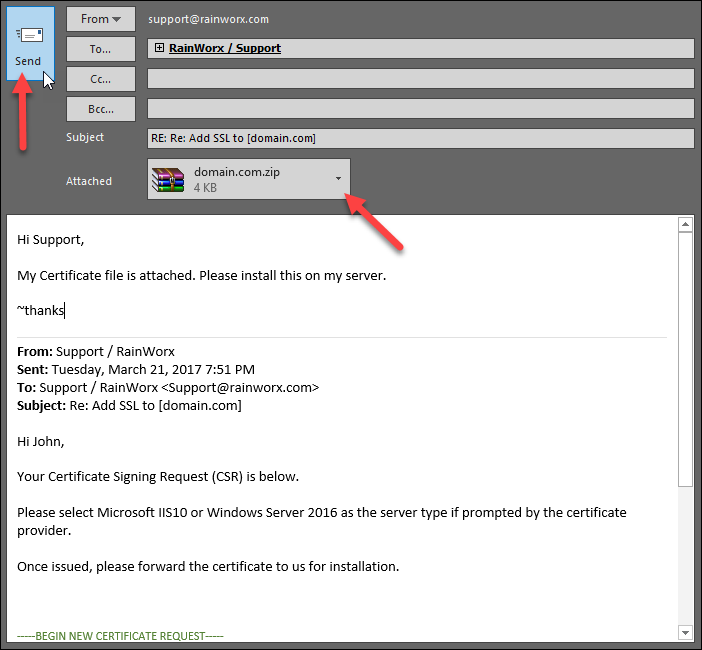 Send certificate to RainWorx