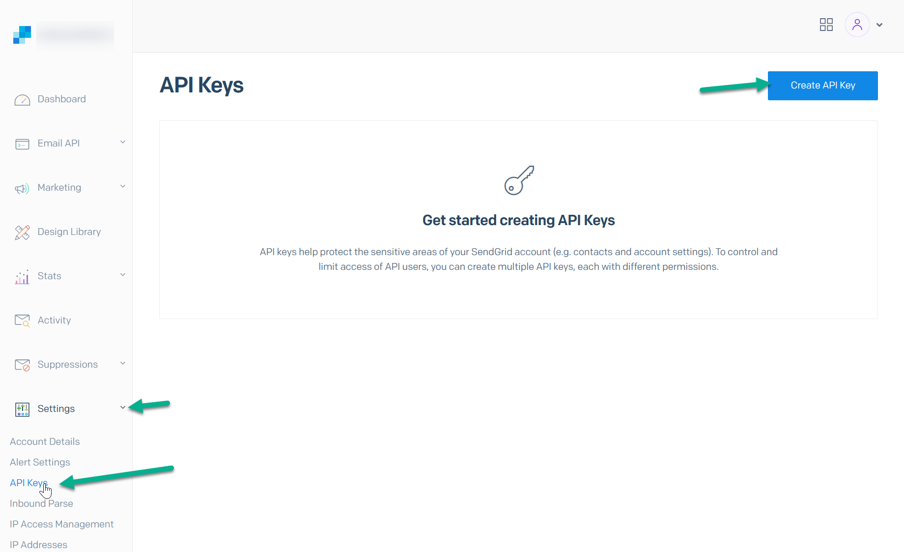 Settings API Keys menu