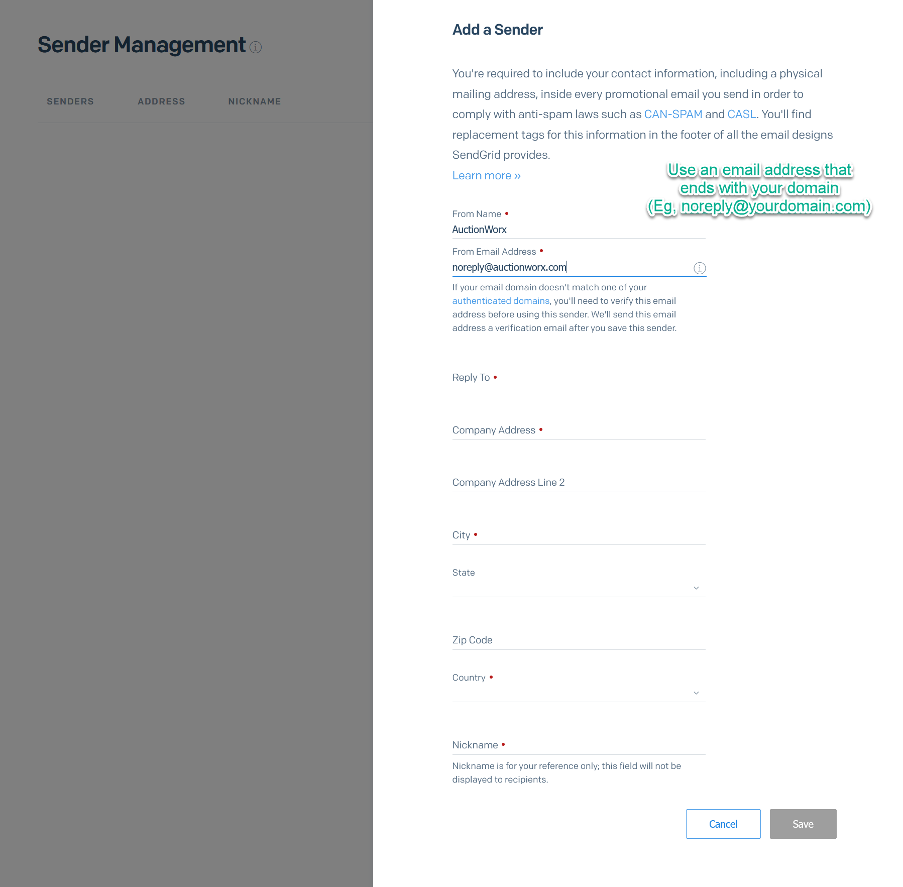Create Sender form