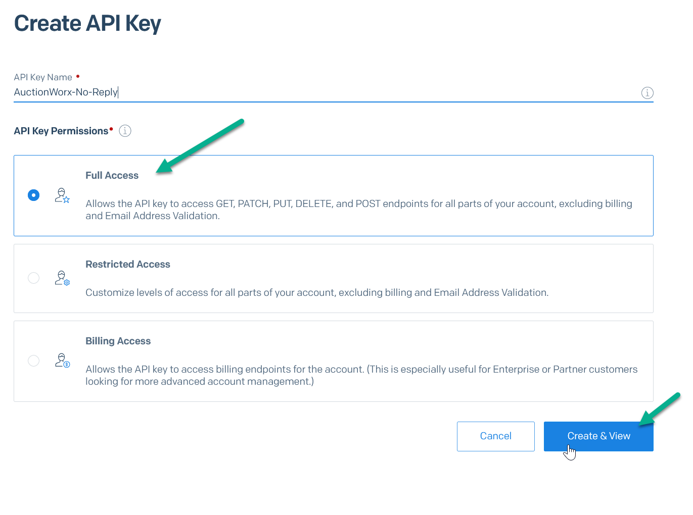 Name the API key and grant Full Access