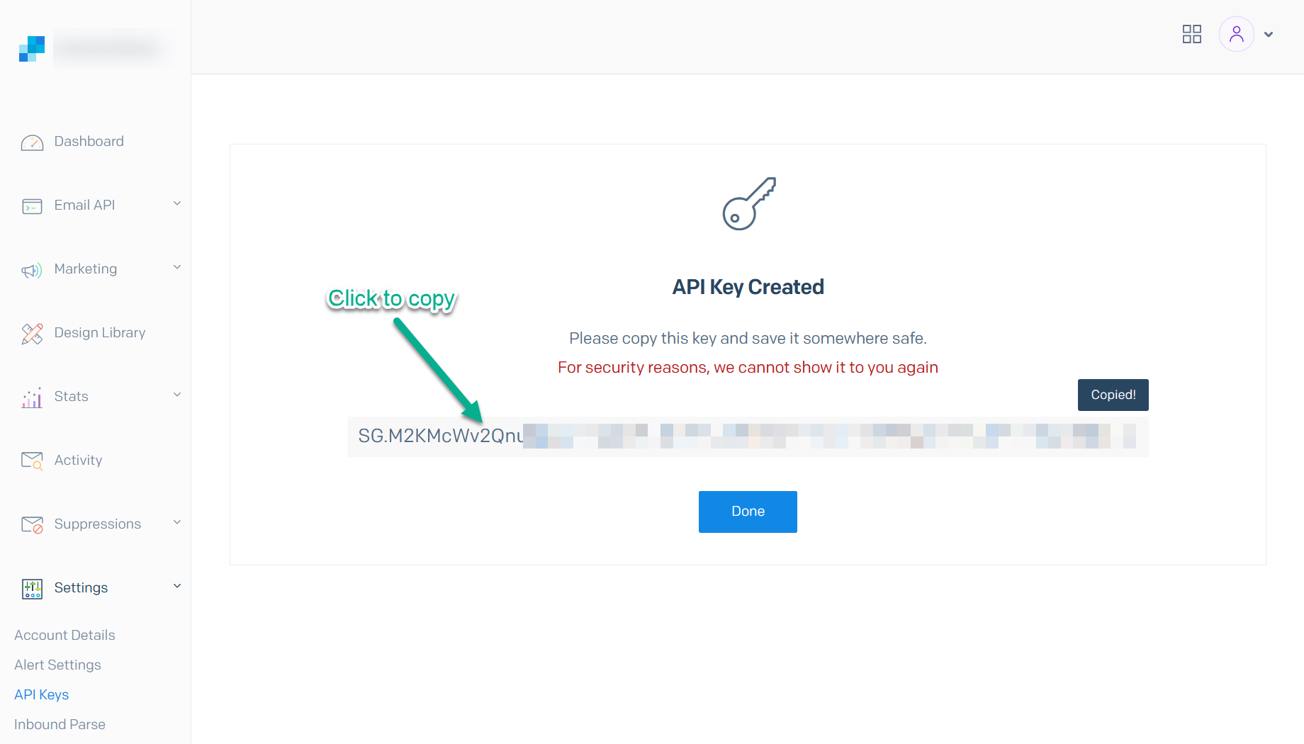 Copy the generated API key