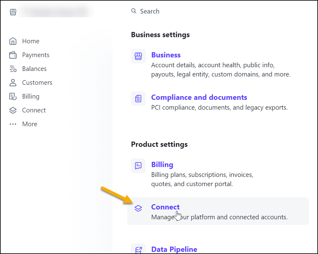 Connect in the Product Settings section