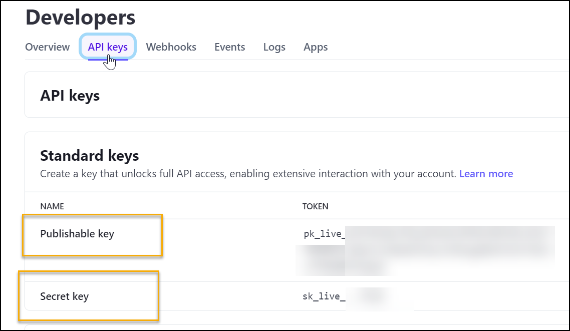 API Keys tab showing the Publishable and Secret keys