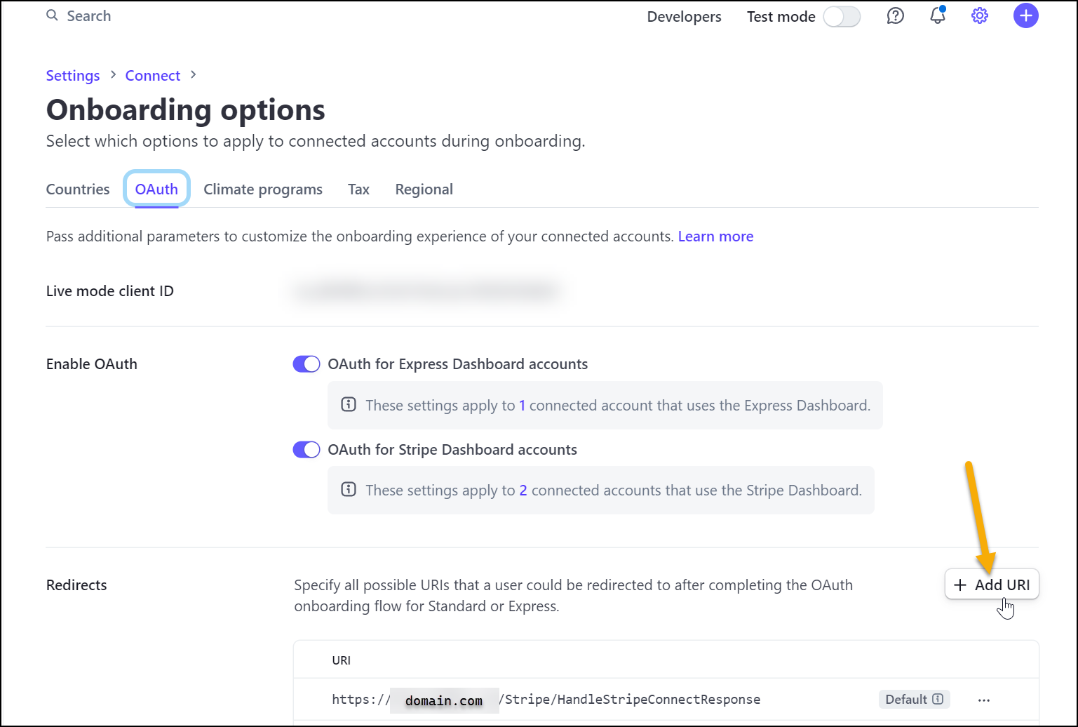 Add URI button in the redirects section
