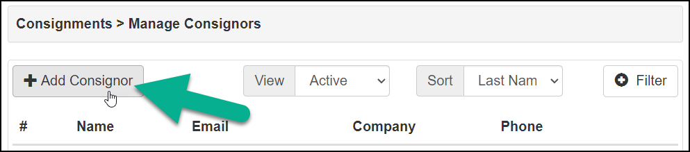 Add Consignor button on the Manage Consignors page