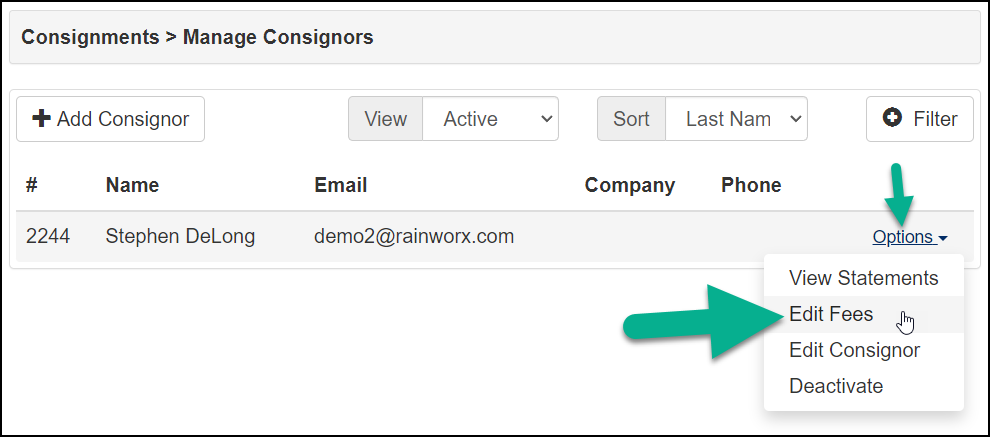 Edit Fees in the Options dropdown