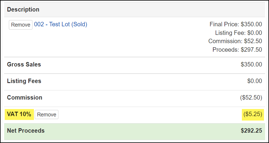 Adjustment shown above the Net Proceeds row