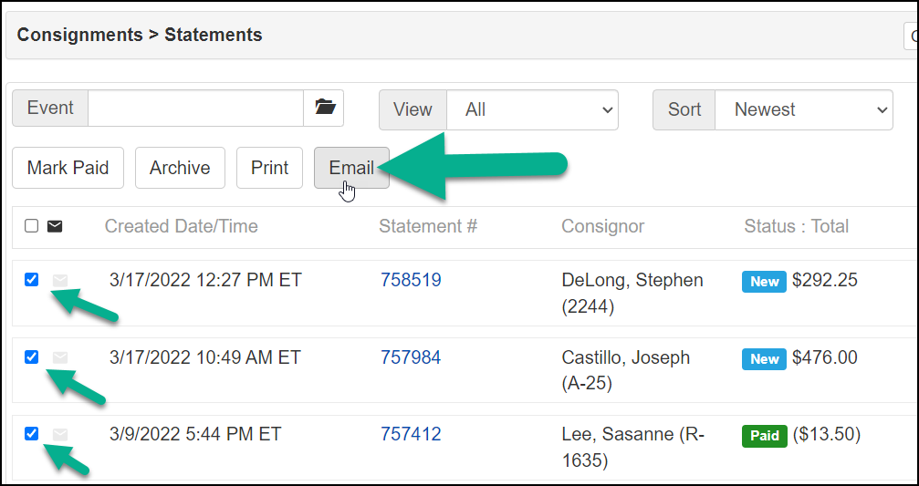 Email a group of statements from the Statements page