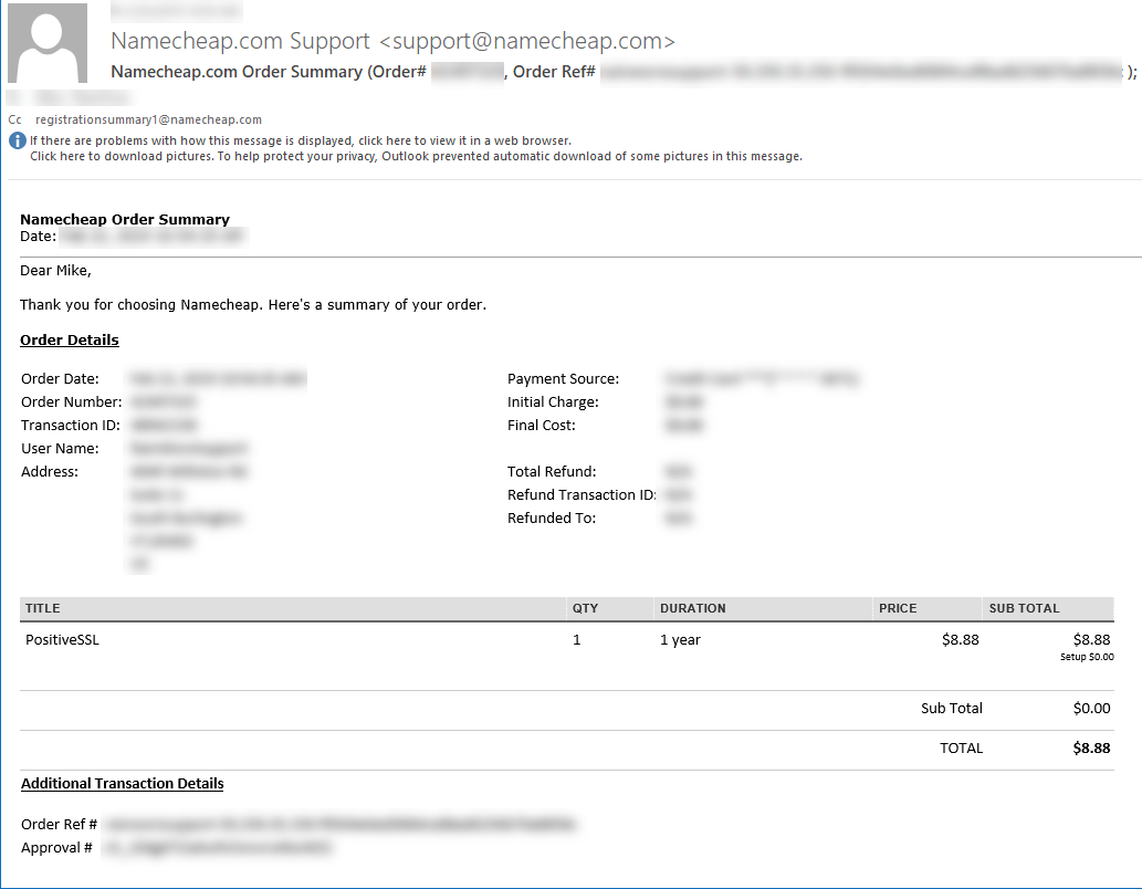 Order confirmation email