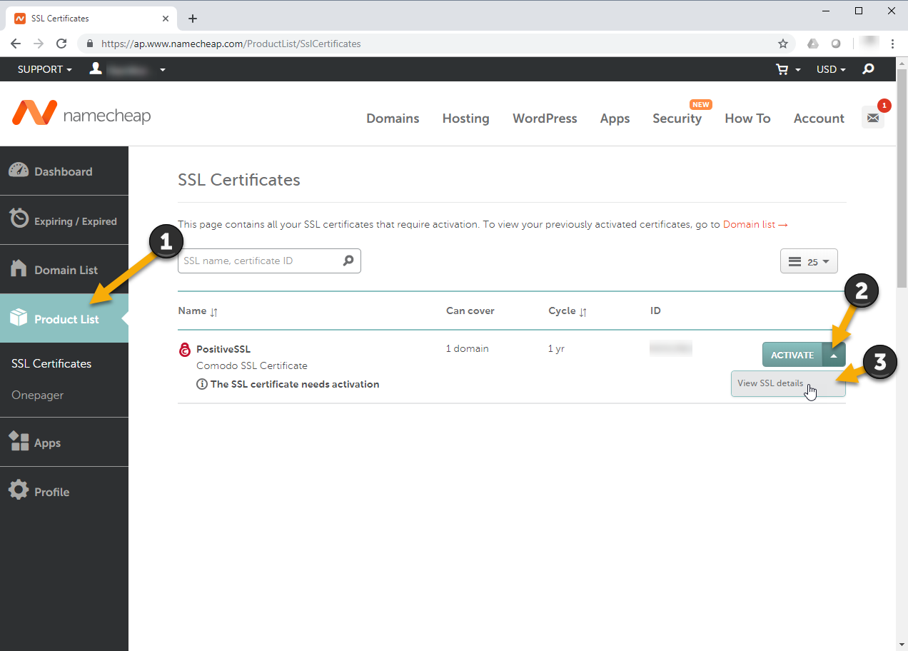 Product List and View SSL details