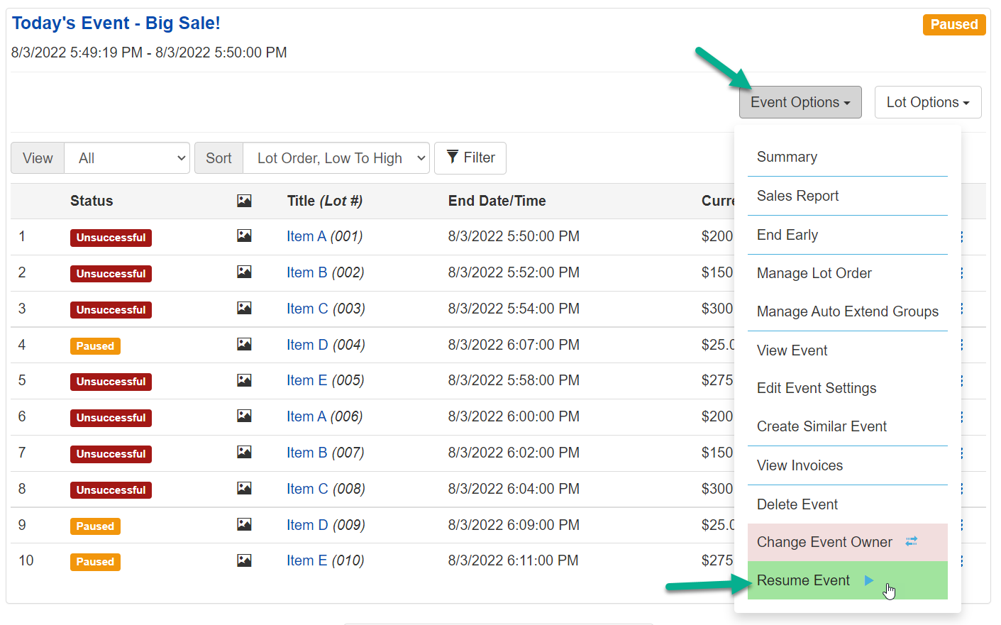 Resume Event option in the Event Options dropdown