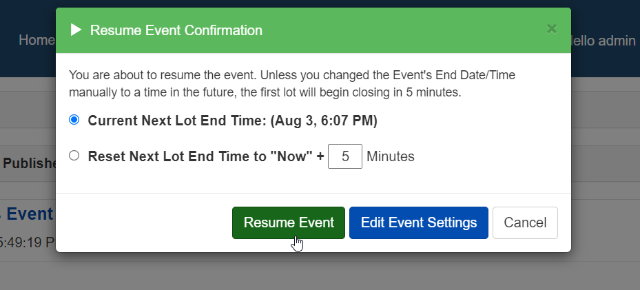 Resume Event options dialog
