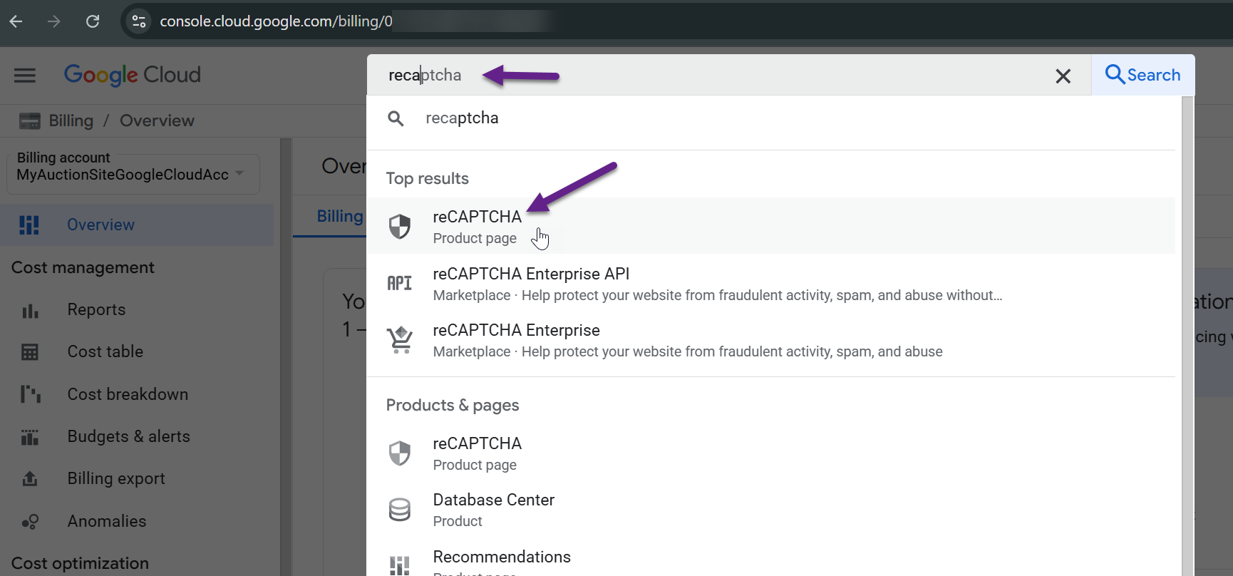 Search for reCAPTCHA in the Cloud Console