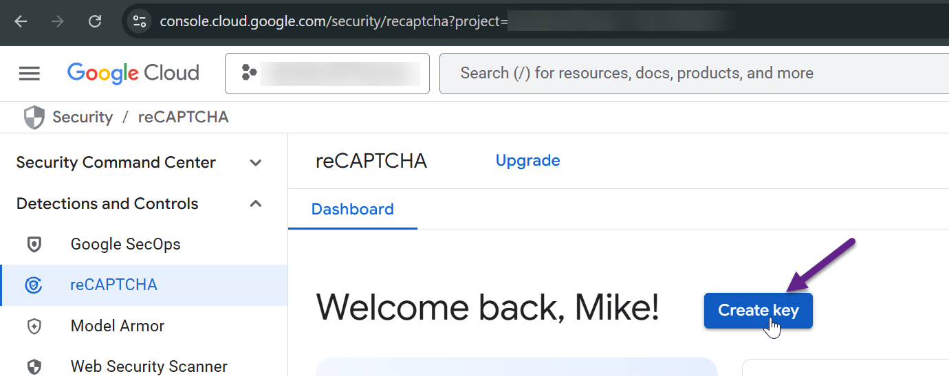 reCAPTCHA product page with the Create Key button