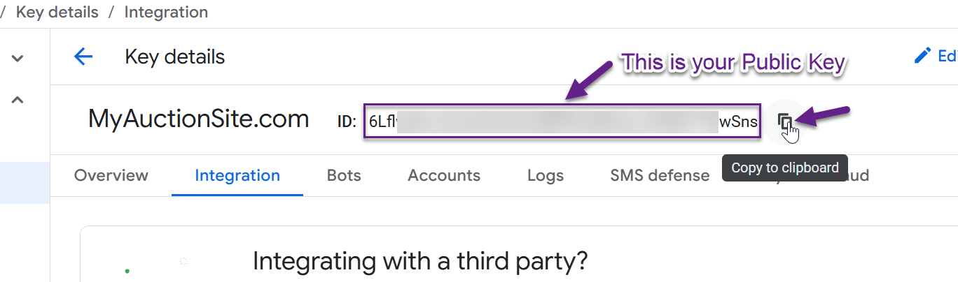 Copy the Public key from the Key details page
