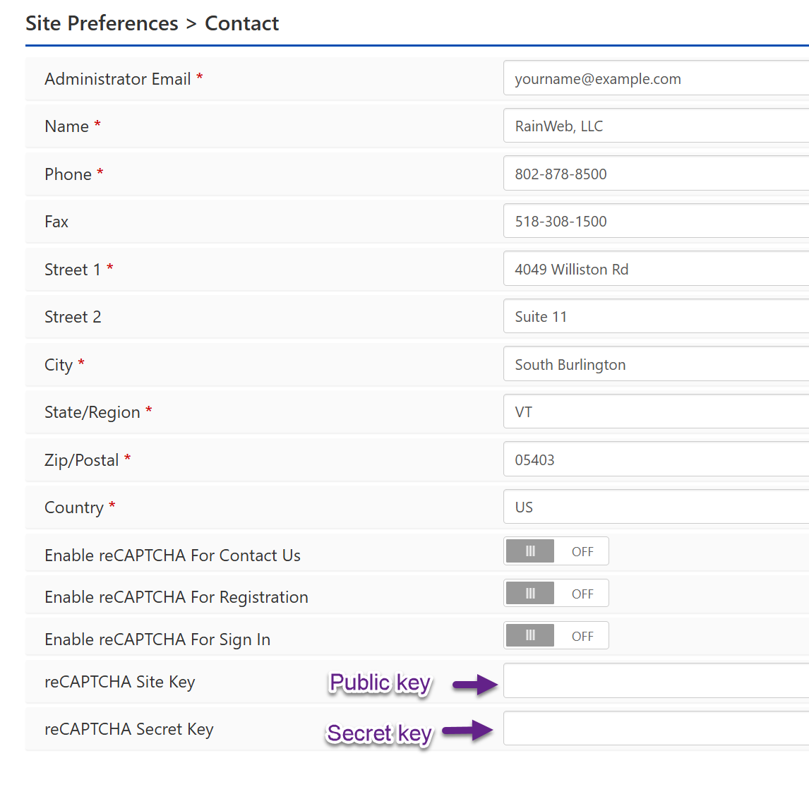 Enter the Public and Secret keys on the Contact page
