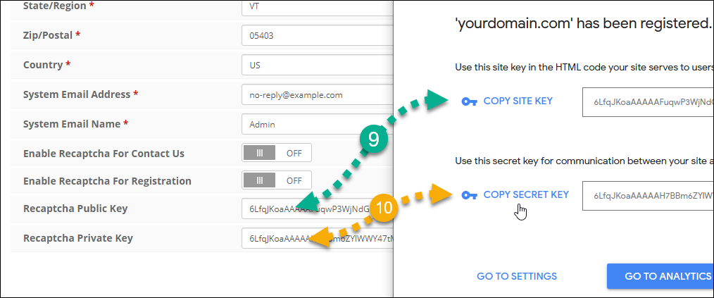 Recaptcha public and private keys