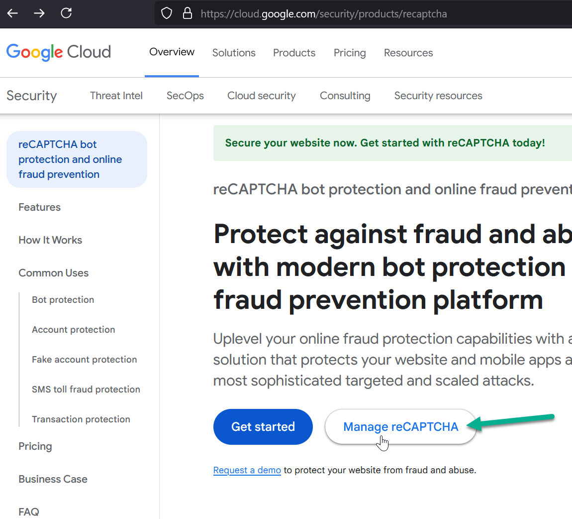 Google reCAPTCHA product page