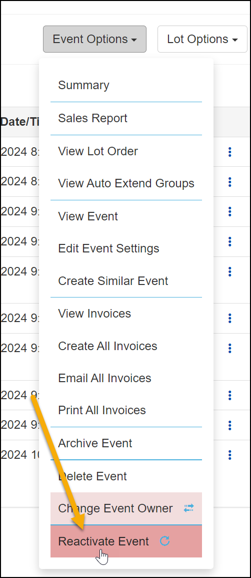 Reactivate Event option in the Event Options dropdown