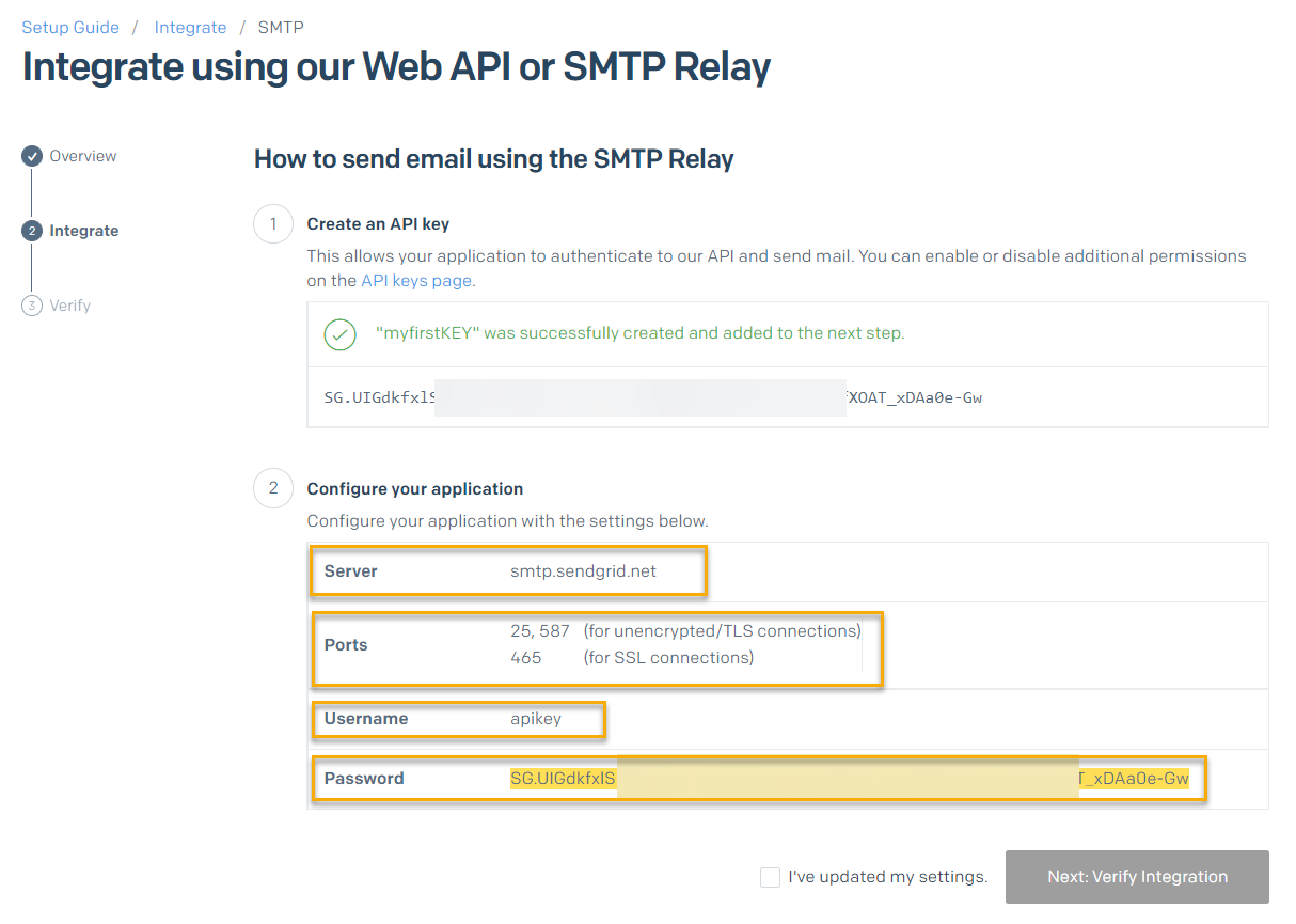 SendGrid SMTP settings